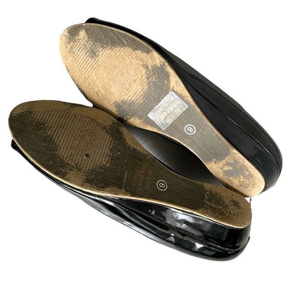 VANGELO DONNA Black Patent Leather Slip-On Wedge Peep Toe Shoes Scalloped 9 - Picture 10 of 15